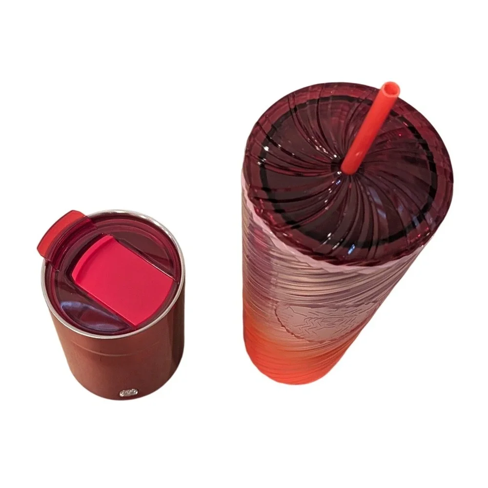 Starbucks Venti Iridescent Swirl Sunset Cold Cup & Metallic Red Tumbler Bundle
